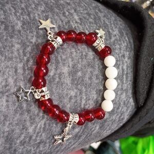 Hand Crafted Red and White Beaded Star Charm Bracelet